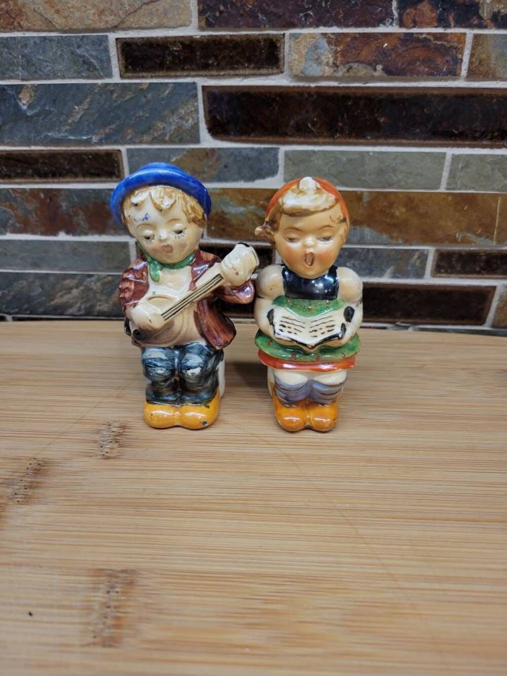 Vintage Hummel Style Salt Pepper Shakers Boy Mandolin Girl Singing Japan